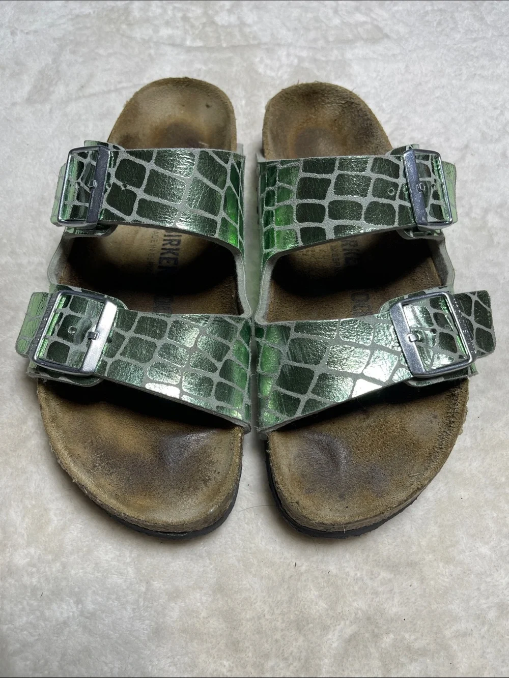 Birkenstock Arizona Green Croc-Embossed Double Strap Sandals Size 39